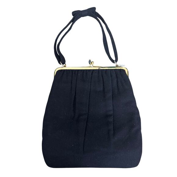 Vintage 1940s Ingber Black Fabric Evening Bag w/ Bow Handle & Gold Frame - Picture 1 of 16